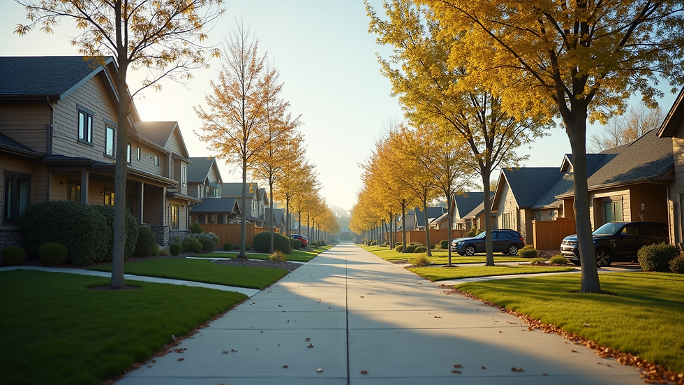 Eye-level view of a modern residential neighborhood with houses and trees