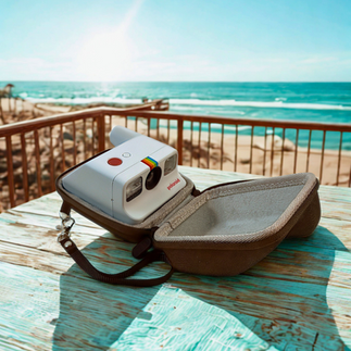 Polaroid instant camera in a travel case on a sunlit beach deck, showcasing retro photography gear for summer adventures.