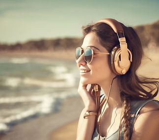 YOUNG WOMAN WITH RETRO BROWN HEADPHONES ENJOYING IN MUSIC BEACH IN BACKGROUND.jpg