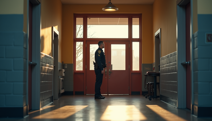 Eye-level view of a school entrance with a police officer standing near the door