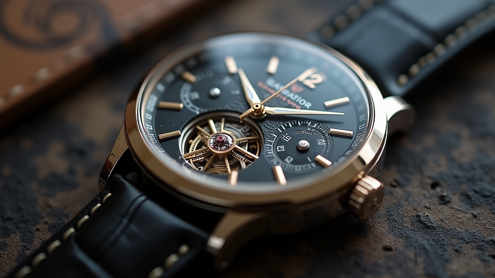 Close-up view of a luxury watch with intricate details