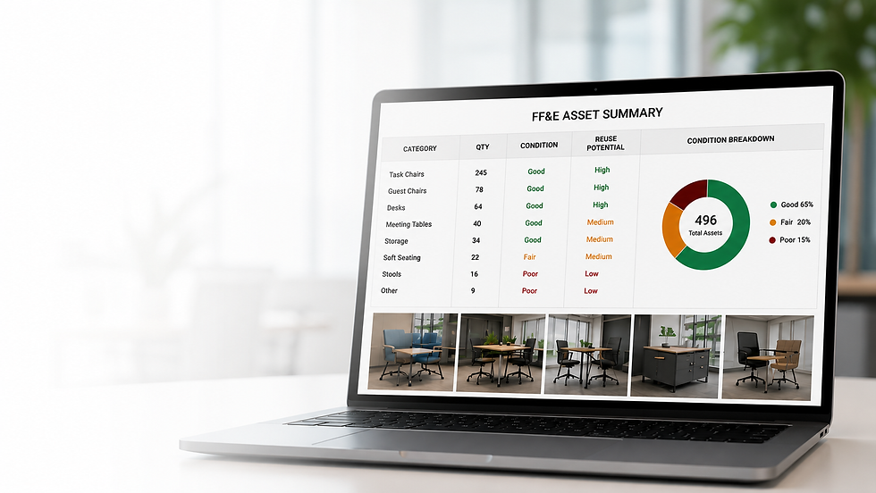Laptop displaying furniture and equipment audits summary.