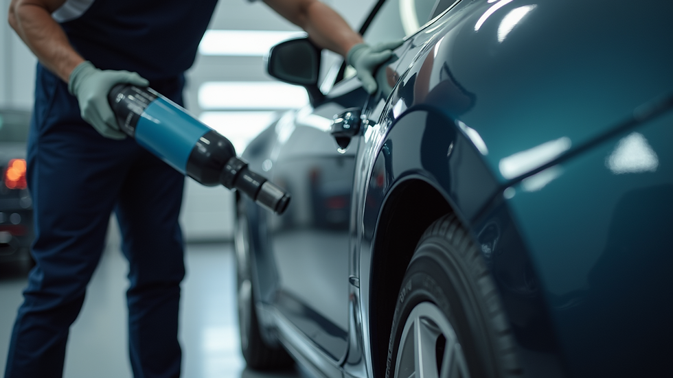 Eye-level view of a professional applying ceramic coating to a car door