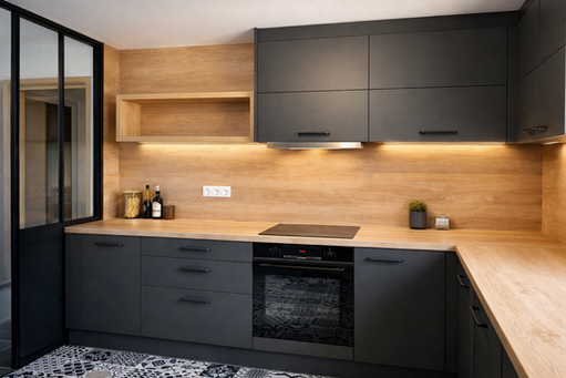 Agencement d'une cuisine en L de couleur grise et totalement sur-mesure
Cuisine sur mesure moderne avec verrière en aluminium noir. Coloris anthracite et plan de travail stratifié bois