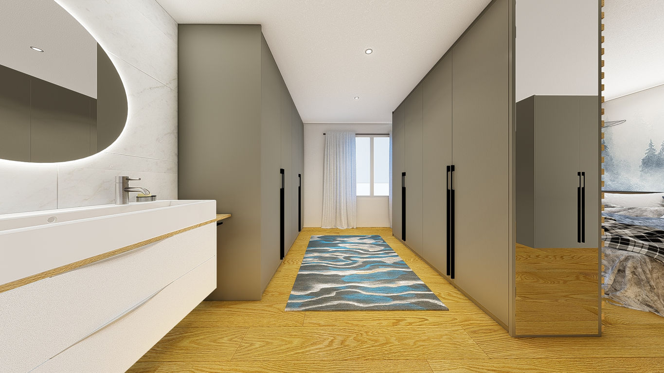 Dressing sur-mesure en bois permettant de délimiter des espaces de vie