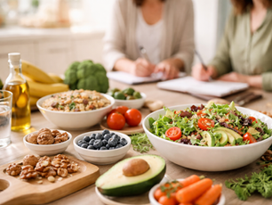 Heller Holztisch mit frischen, bunten Lebensmitteln wie Salat, Obst, Nüssen und Avocado. Im Hintergrund sitzen zwei Frauen in ruhiger Atmosphäre und machen sich Notizen – Symbol für Austausch, Wissen und ganzheitliche Ernährung