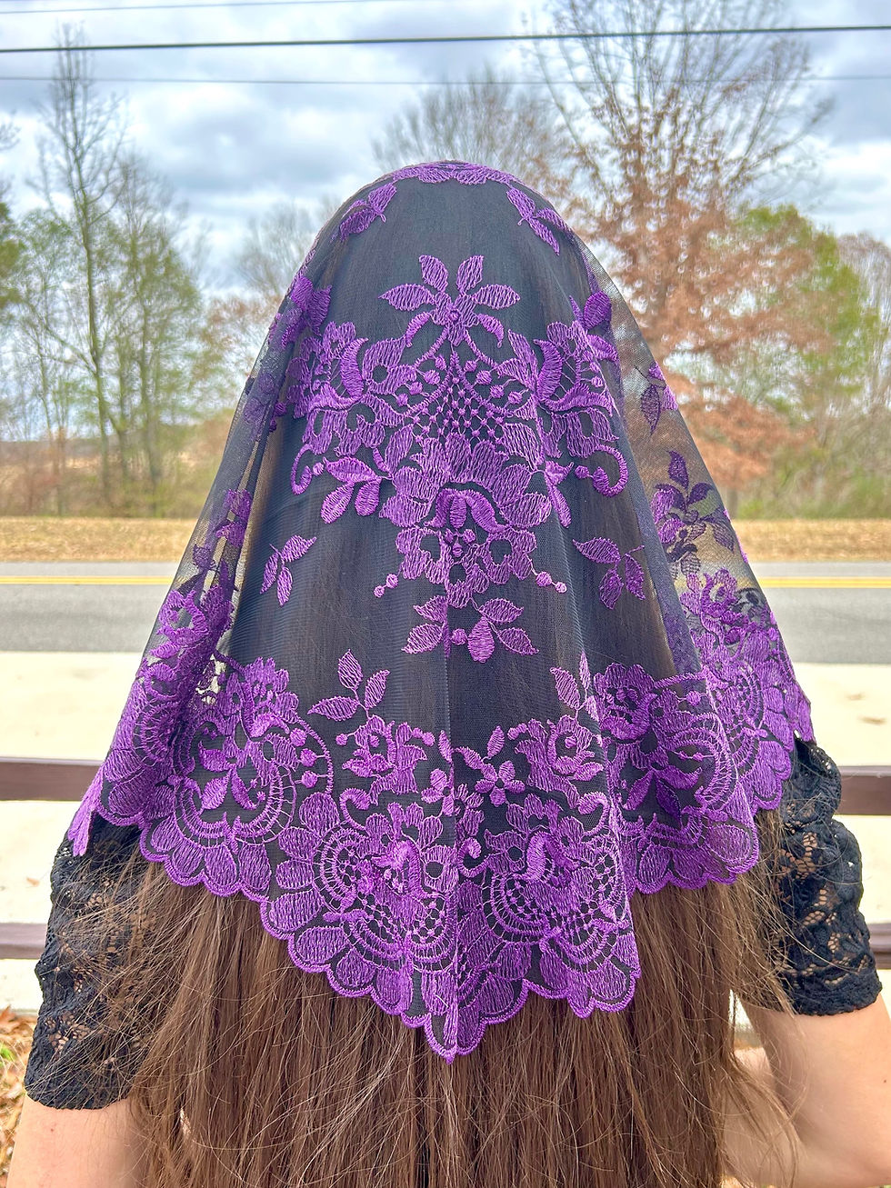 Thumbnail: Purple on Black Angel Mantilla Veil Large
