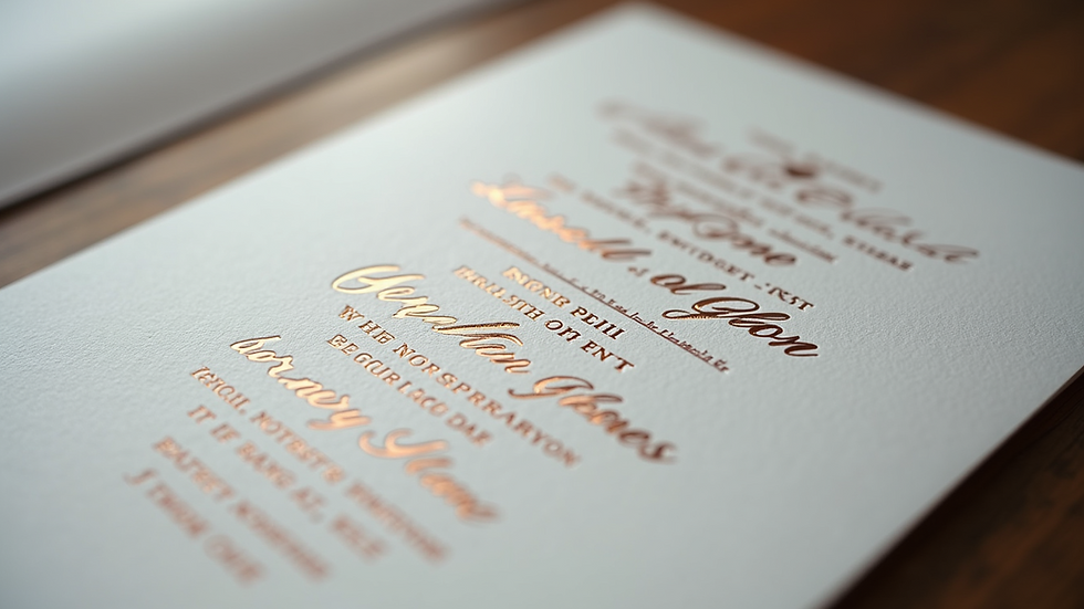 Close-up view of a beautifully crafted letterpress invitation with foil stamping
