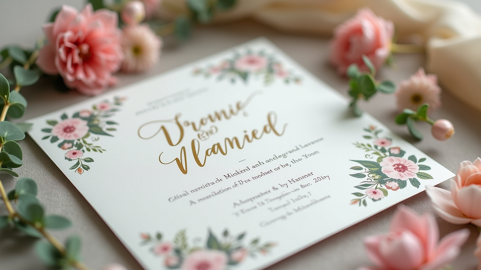 Close-up view of an elegant wedding invitation suite with floral designs