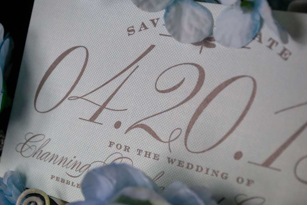 Custom wedding invitation in blush and gold with elegant letterpress