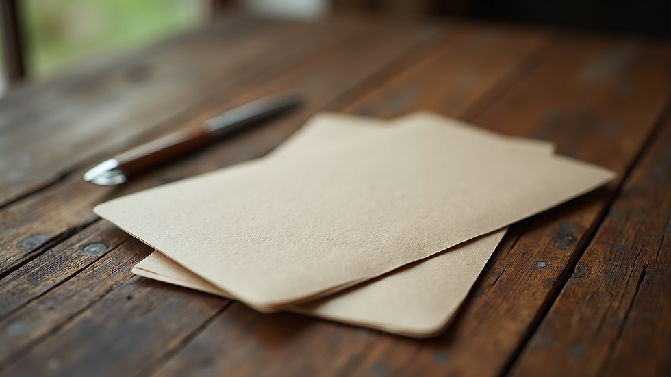 Close-up view of a beautifully textured invitation card on a wooden table