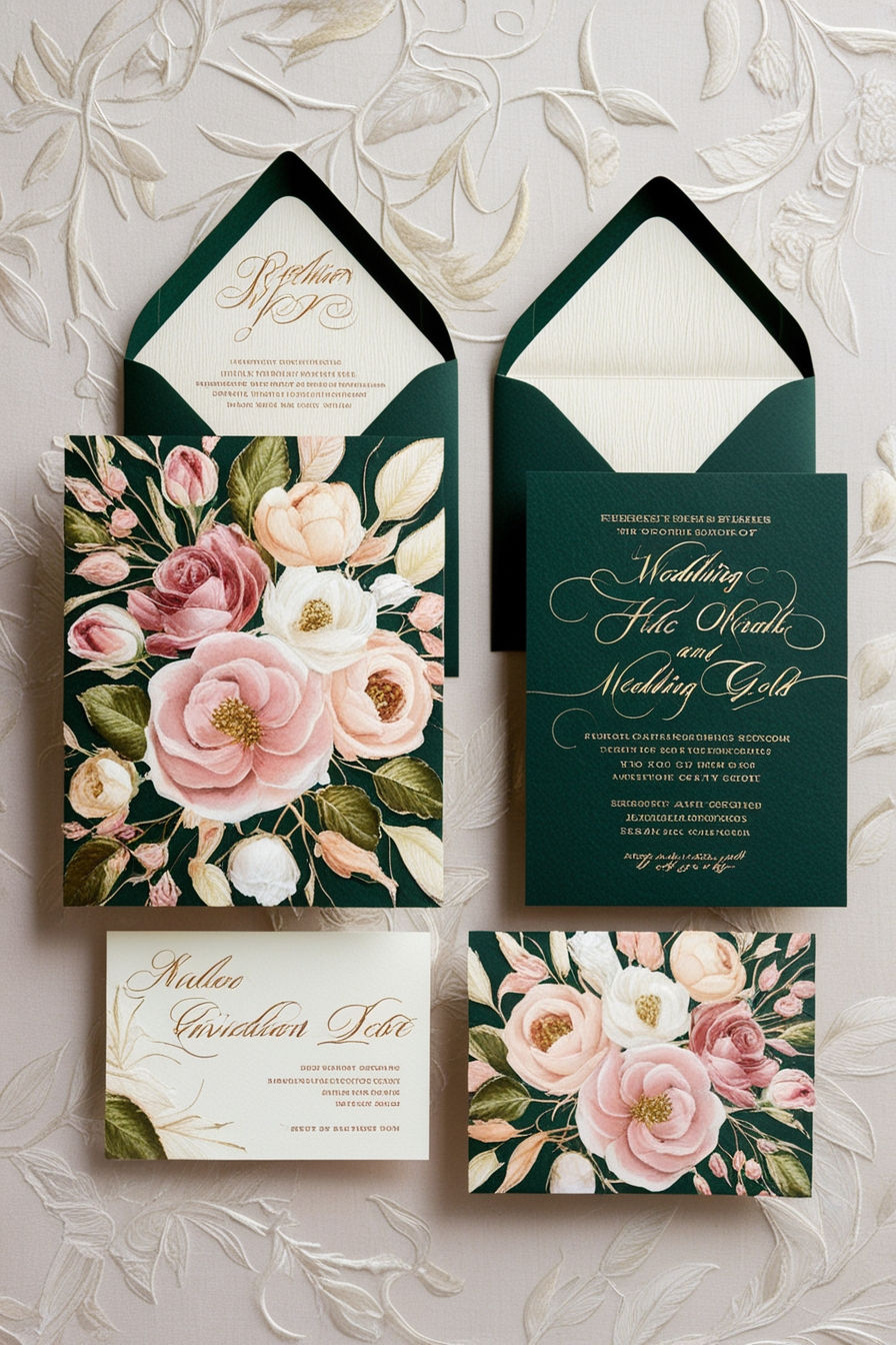 Eye-level view of a beautifully designed custom invitation suite