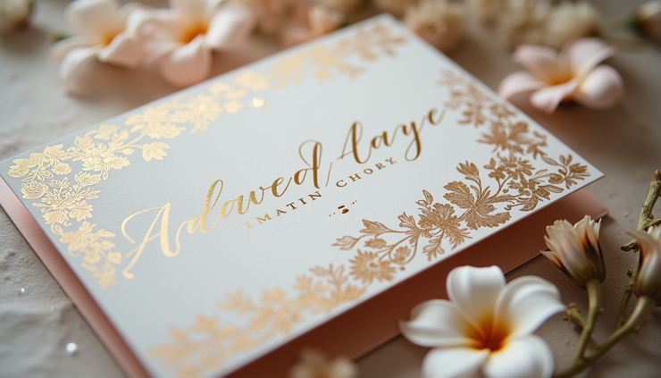 Close-up view of an elegant custom wedding invitation with gold foil accents and floral design