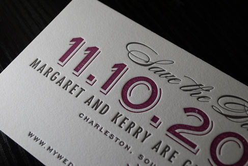 Custom wedding invitation in blush and gold with elegant letterpress