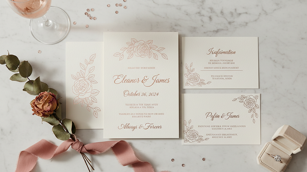 High angle view of elegant wedding invitation with rose gold foil stamping