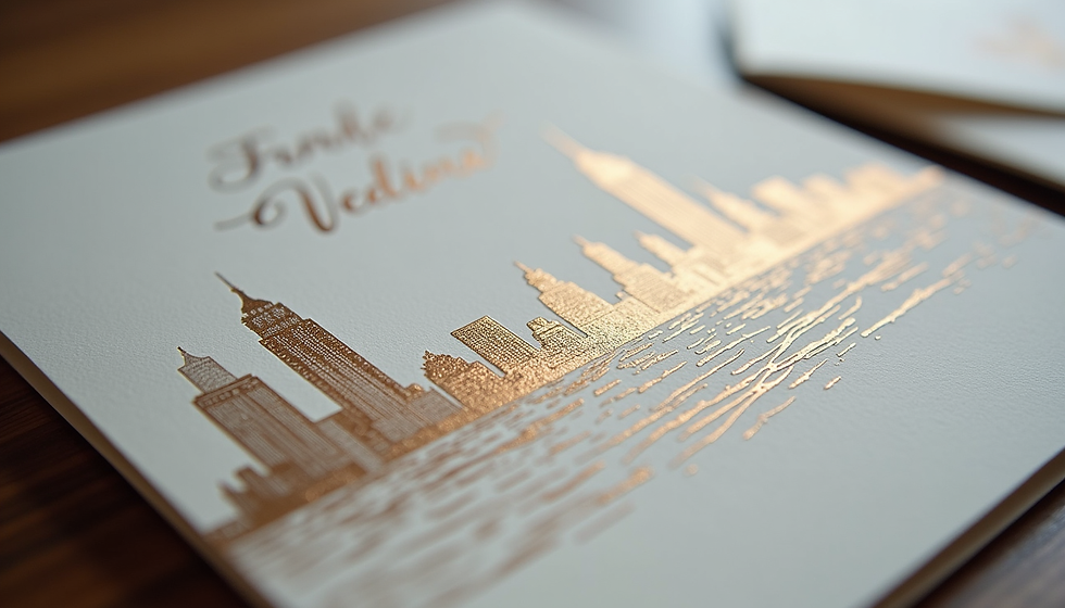 Close-up view of a letterpress wedding invitation with gold foil accents on thick white paper