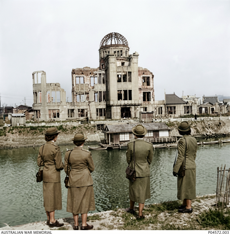 Australian Army Nurses, RAANS, from British Commonwealth General Hospital visit the ruins of Hiroshima, 1955
