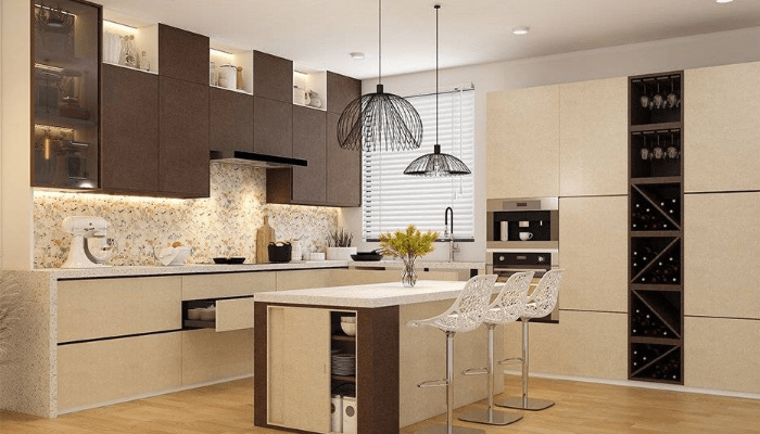 Modern kitchen with brown and beige cabinets, island with bar stools, pendant lights, and built-in wine rack. Bright and organized atmosphere.