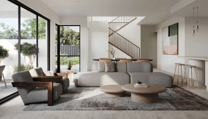 Contemporary Canberra interior with open-plan layout, neutral tones, modular furniture, and natural light highlighting modern Australian design style.