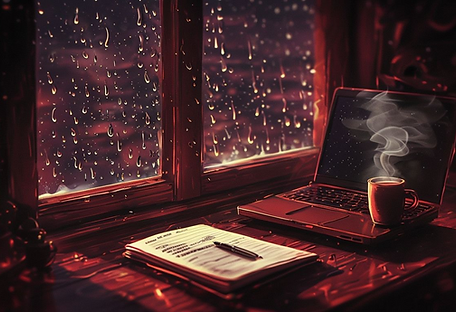 Cozy Desk Scene With Laptop And Steaming Coffee.png