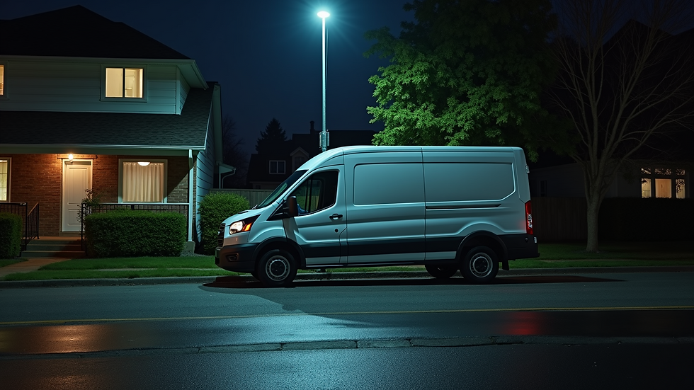 High angle view of a delivery van parked outside a residential building at night