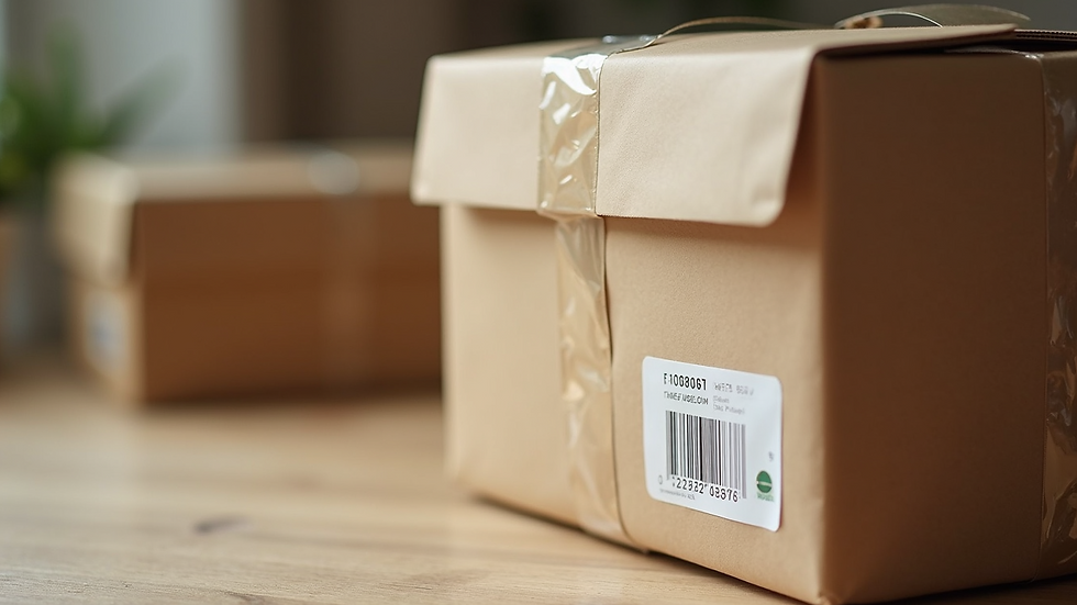 Close-up of delivery package with eco-friendly label