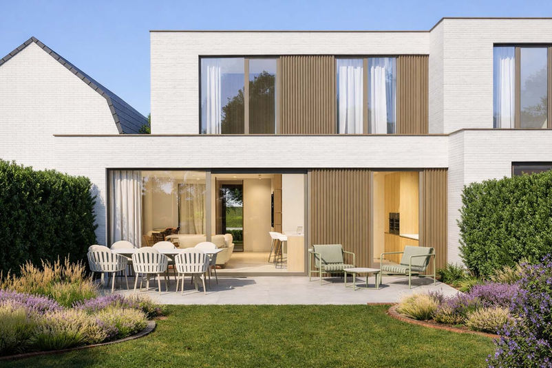 Achtergevel nieuwbouw koppelwoning in Sint-Laureins