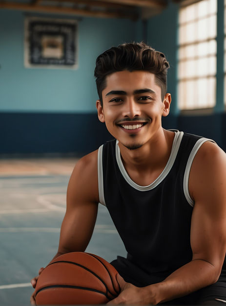 image of a young handsome male athlete on black jersey uniform portrait image on basketball court gym background smiling looking at camera from Generative AI