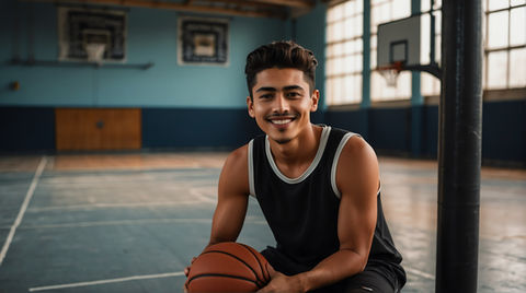 image of a young handsome male athlete on black jersey uniform portrait image on basketball court gym background smiling looking at camera from Generative AI