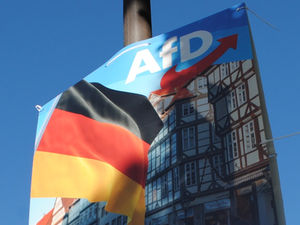 Wahlplakat der AfD vor blauem Himmel.