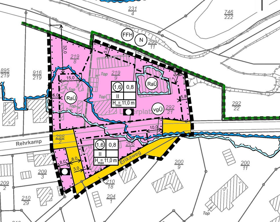 Bebauungsplan mit Straßen sowie rosa und gelb markierten Flächen.