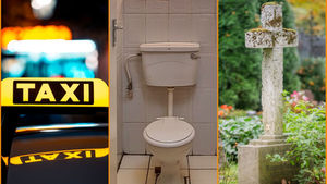 Collage mit drei Bildern eines Taxis, einer Toilette und eines Grabsteins.