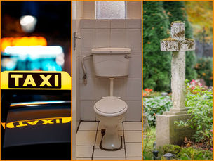 Collage mit drei Bildern eines Taxis, einer Toilette und eines Grabsteins.