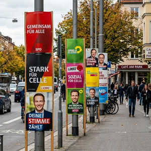 KI-generiertes Bild einer Straße mit Wahlplakaten, Autos und Passanten.