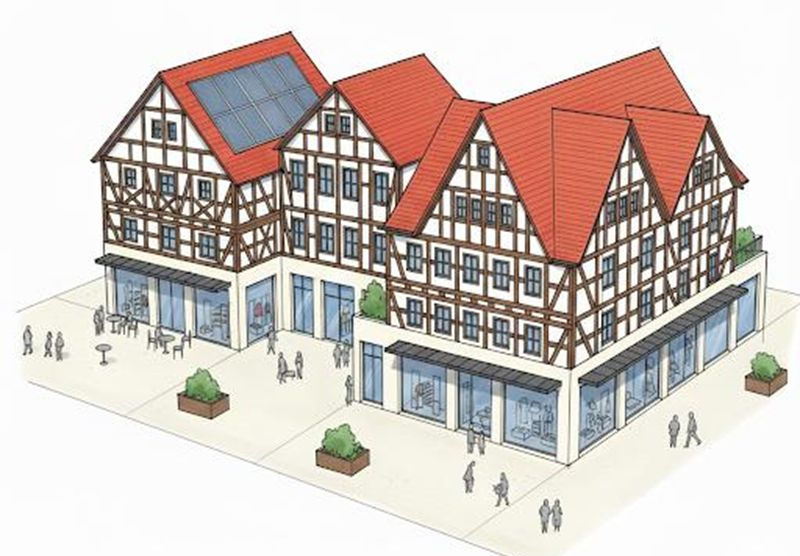 Skizze von Gebäuden mit Fachwerk und roten Dächern.