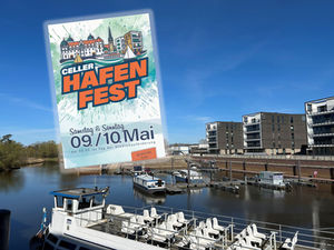 Montage aus Celler Hafen und Plakat zum Celler Hafenfest.