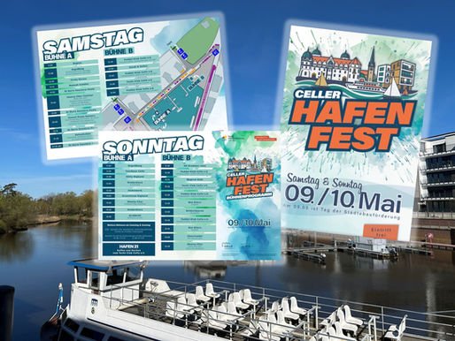 Montage mehrerer Bilder vom Celler Hafen sowie Grafiken zum Programm des Hafenfestes.