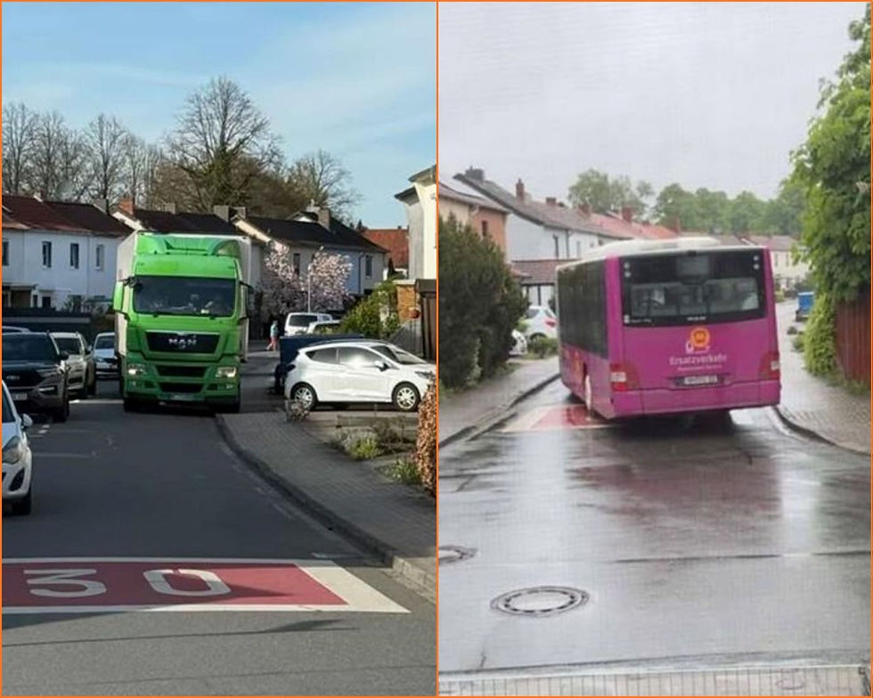 Collage aus zwei Bildern, einmal ein grüner Lkw, dann ein pinker Bus in einer schmalen Straße.