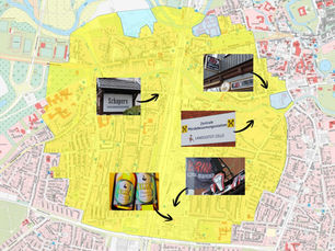 Karte vom Evakuierungsgebiet mit Fotos und Markierungen betroffener Unternehmen.