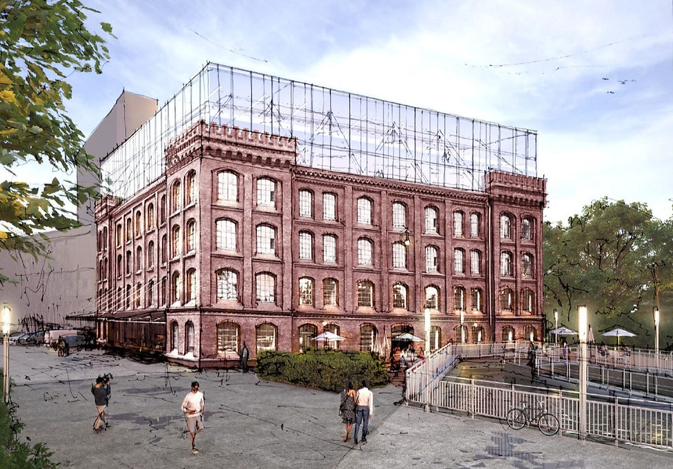 Planungsskizze eines sanierten Gebäudes mit Backsteinfassade