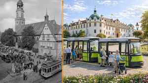 Collage zweier Bilder, ein historisches Foto mit Straßenbahn in Celle, eine Zukunftsvision vor dem Schloss.