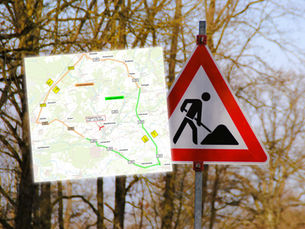 Montage zweier Bilder, einmal ein Baustellenschild, einmal eine Karte mit Umleitungen.