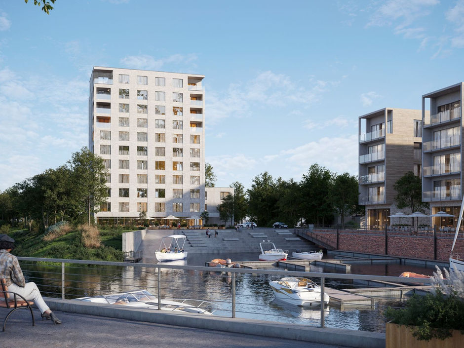 Entwurfsskizze des Wohnturms Allertower am Hafenbecken in Celle.