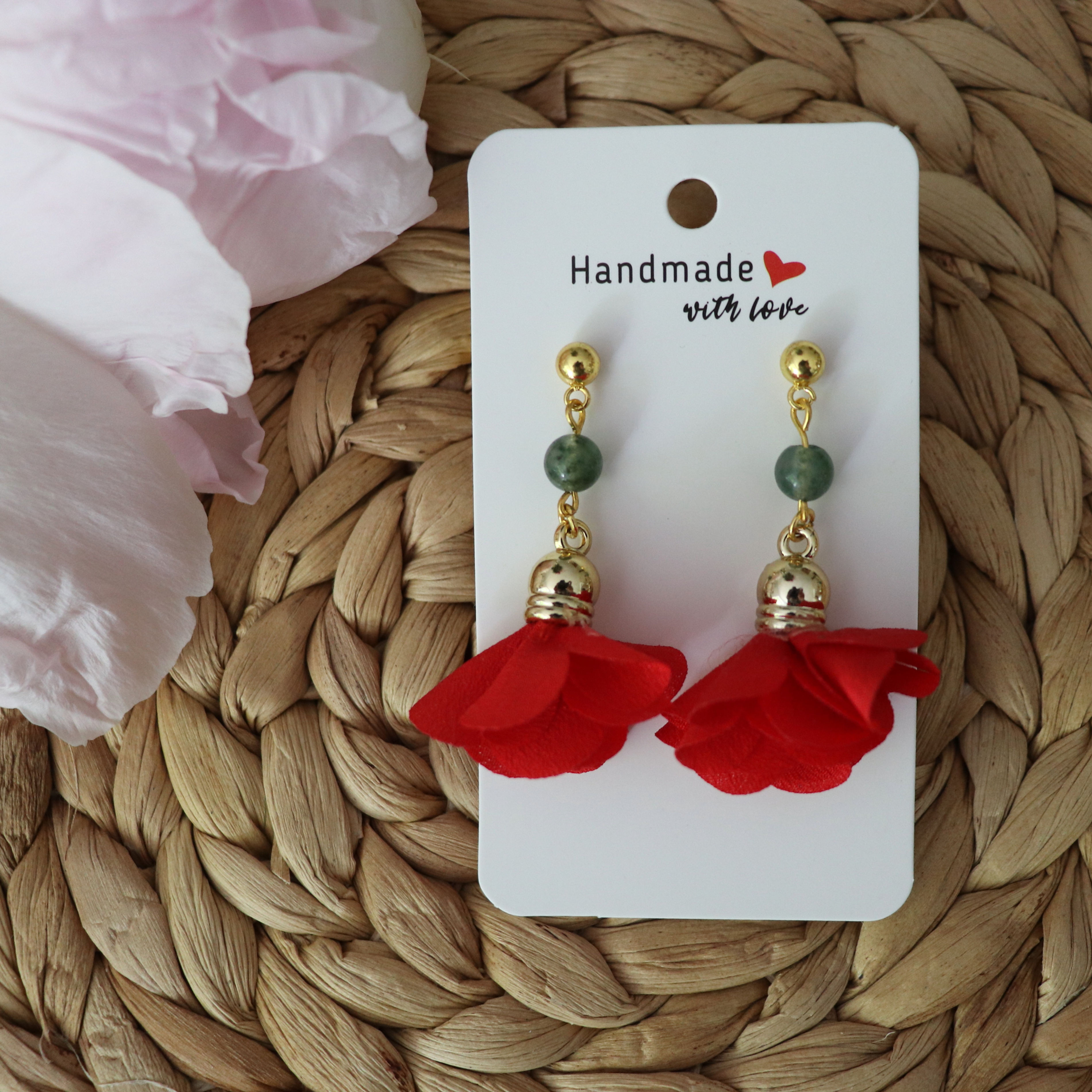 Boucles d'oreille Pompon rouge - Agate mousse