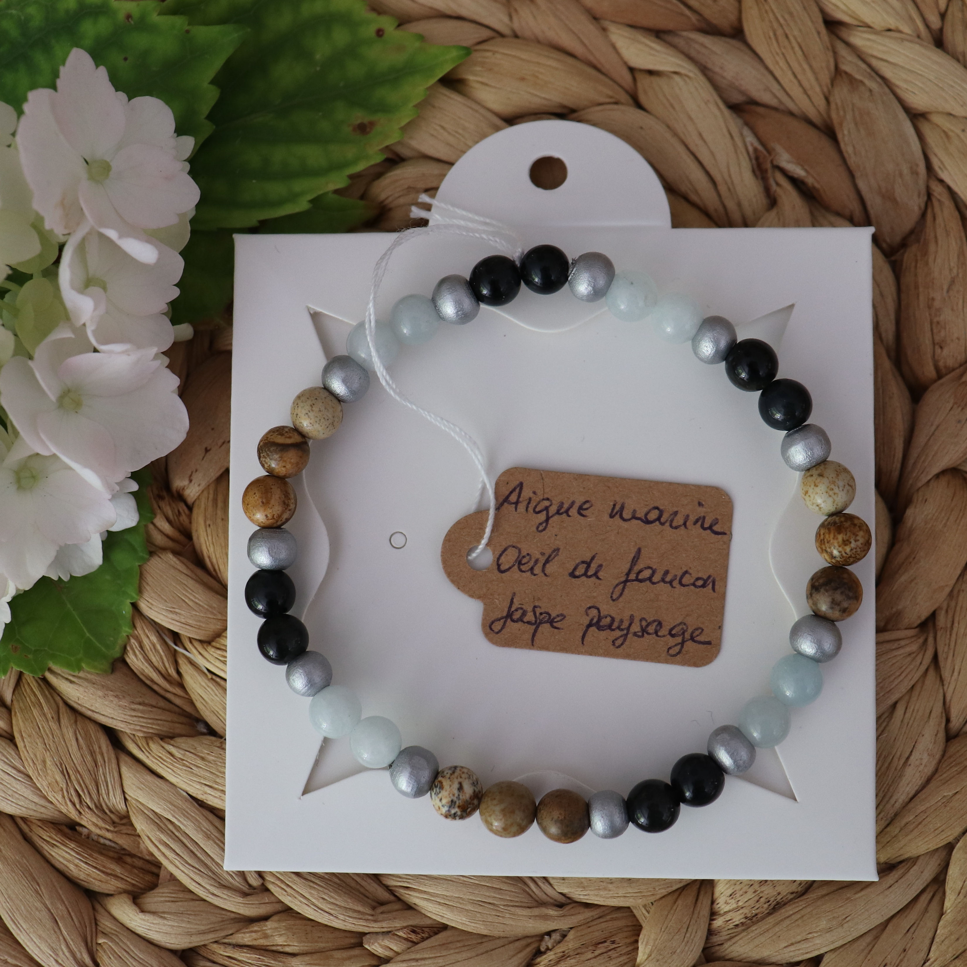 Bracelet Aigue marine, Oeil de faucon et Jaspe paysage - Homme