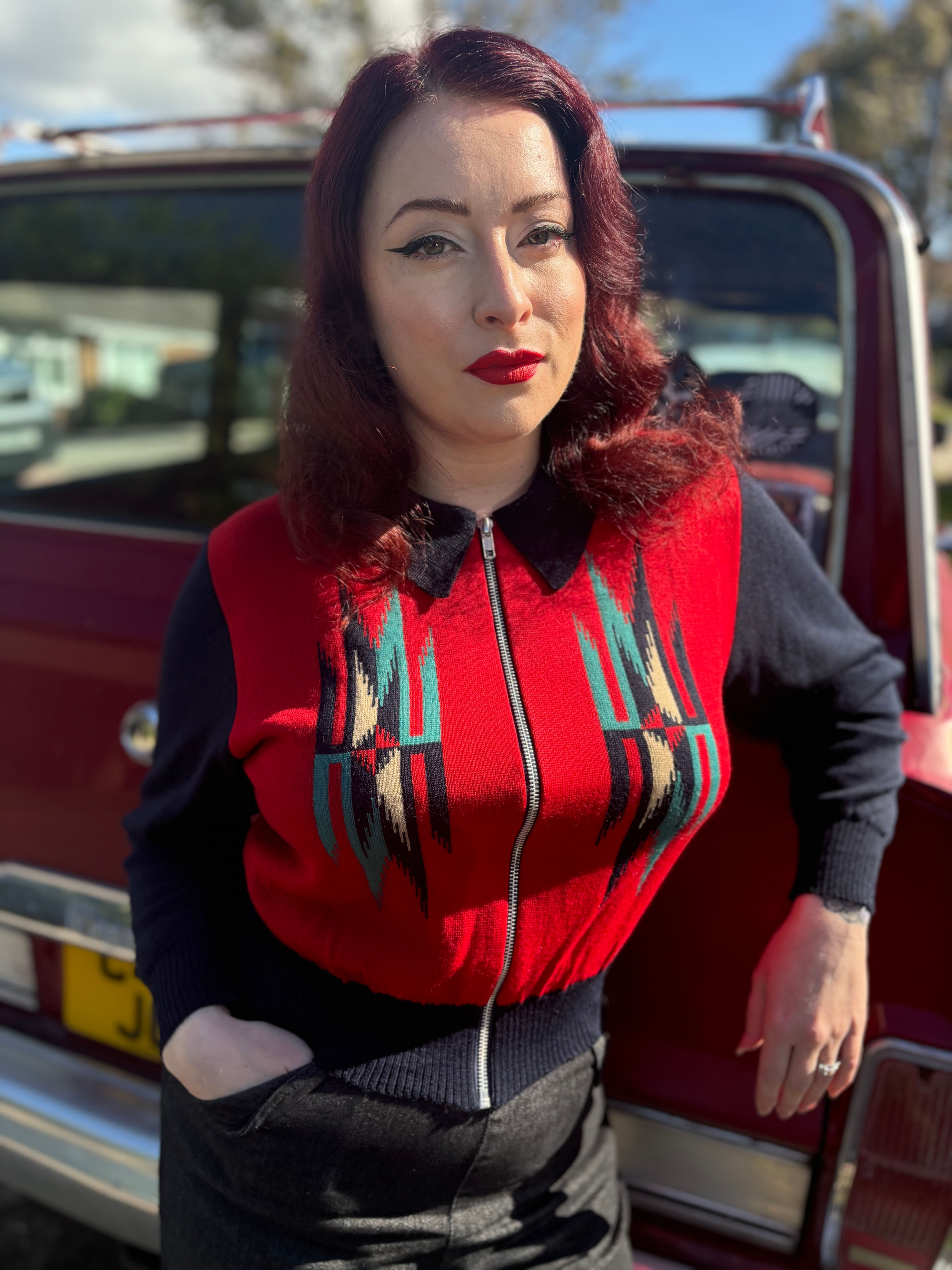 Aztec Red Navy  Machine Knit Cardigan