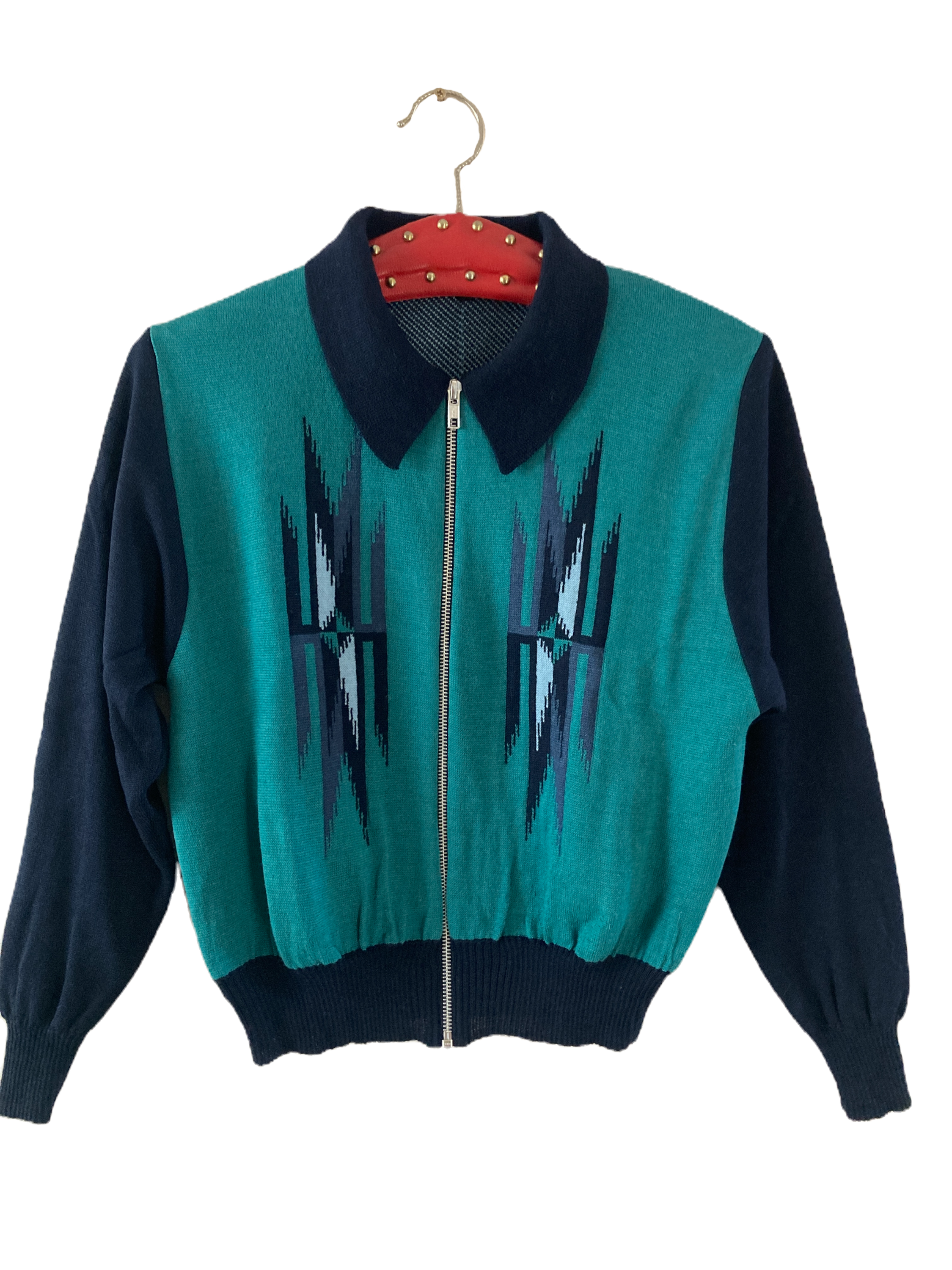 Aztec Machine Knit Cardigan - Navy & Teal