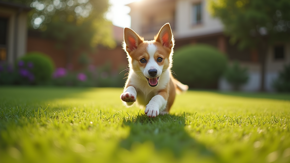 High angle view of a dog happily playing in a clean garden
