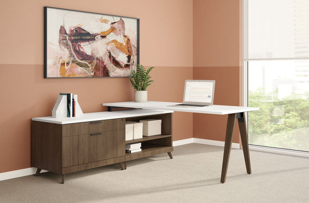 L-shape Desk with Oblique Wood Legs