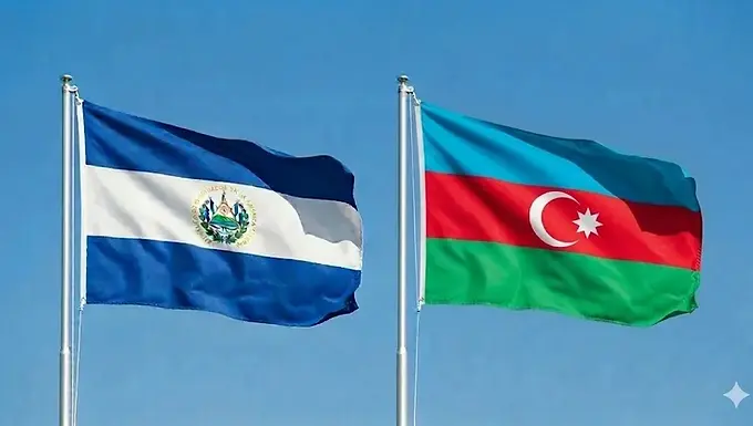 El Salvador and Azerbaijan flags side by side under a clear blue sky, El Salvador e-Tourist visa for Azerbaijan citizens.